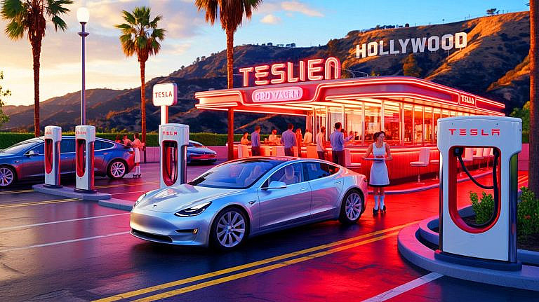 Tesla Diner Drive-In в Голливуде: зарядка электрокаров, кино и еда в ретро-футуристическом стиле с роботами и Supercharger V4.
