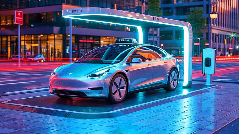 Tesla представила Robotaxi с беспроводной зарядкой. Автономные такси без руля и педалей заряжаются на платформе без кабелей. Будущее уже здесь.