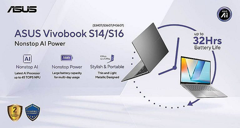ASUS Vivobook S16 S3607QA тонкий и легкий ноутбук с процессором Snapdragon X, ИИ-функциями Copilot, 32 часами автономности и дисплеем 2.5K 144 Гц.